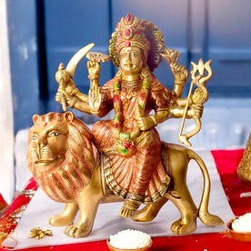 Elevate your home temple with this Brass Sherawali Mata Idol, a beautifully crafted depiction of Durga Maa on her lion. Made from premium brass with intricate detailing, this durable statue is perfect for Pooja, festive décor, or gifting.