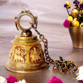 Brass Temple Bell (Ghanta) with Embossed Sherawali Mata