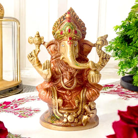 Vibrant Colored Brass Ganesh Statue - Medium