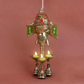 Brass Ganesh Face Wall Hanging With Bell And Stone Work