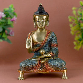 Contemplative Brass Colorful Buddha Idol Green