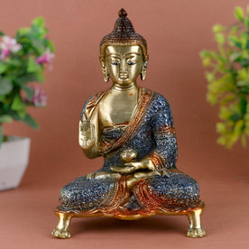 Contemplative Brass Colorful Buddha Idol Blue