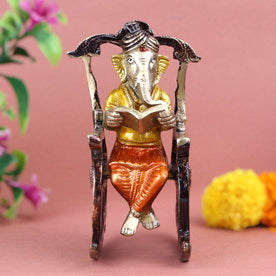 Pure Brass Reading Book Ganesha Statue