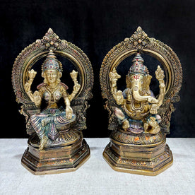 9.4 Inch Elegant Handcrafted Brass Lakshmi Ganesha Idol