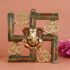Alluring Pure Brass Om Swastik Ganesh Wall Hanging
